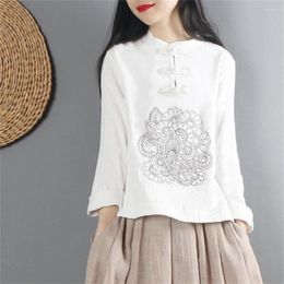 Ethnic Clothing 1pcs Chinese Style Embroidery Summer Long Sleeve Blouse Women Retro Cotton Linen Shirt Ladies Loose Casual Tops Gift