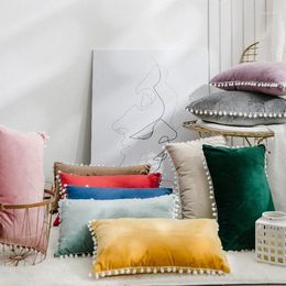 Pillow 50x30cm Solid Colour Velvet Cover Pompom Pillowcase Rectangle Waist Decorative Lumbar Case Home Decor