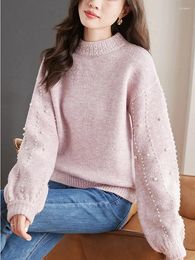 Women's Sweaters BOBOKATEER Mock Neck Sweater Women Faux Pearl Trim Long Sleeve Pullover Jumper Femme Sueters De Mujer Moda Casual Knit