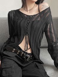 Womens TShirt Goth Dark Mall Gothic See Through Bandage Blouse Grunge Black Casual Sexy Knitwear Tshirt Y2k Long Sleeve Streetwear Women Tops 230407