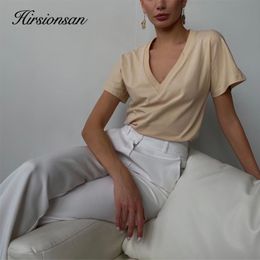 Women's T-Shirt Hirsionsan Summer V Neck T Shirt Women Basic Short Sleeve Cotton Female Soft Tees Tops Kintwear Harajuku Tshirts for Ladies 230406