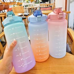 Water Bottles 2L large capacity water bottle straw cup gradient Coloured plastic water cup outdoor fitness and sports bottle with time mark 230406