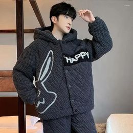 Men's Sleepwear 2023 Coral Fleece Pyjamas For Men Winter Warmth And Thickening Three Layer Cotton Flannel Coat Large Home Fur Set