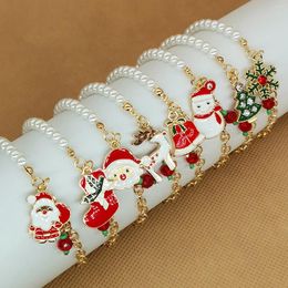 Link Bracelets Christmas Gold Color Imitation Pearl Santa Claus Xmas Tree Pendant Bracelet Bangle Year Gifts