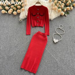 Two Piece Dress Wool cardigan long jacket two piece set women's small spice temperature crop top tight fitting knit set 230407