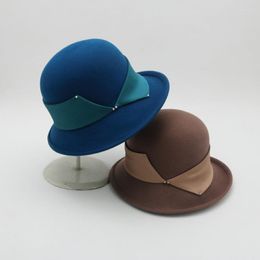 Stingy Brim Hats Autumn And Winter Vintage Women Wool Top Hat Belt Pearl Trim Felt Temperament Bucket