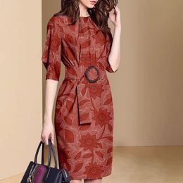 Casual Dresses Retro printed half sleeved round neck ultra-thin dress with belt women's summer fashionable body elegant party dress for women's office 230407