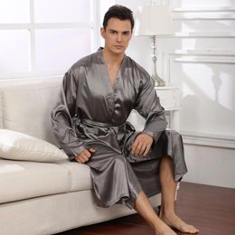 Men's Sleepwear Men Solid Satin Bathrobe With Belt Long Sleeve Pyjama Grey Night Robe Pockets