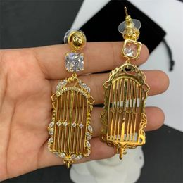 925 Silver Needle Palace Style Pipa Qin Tassel Earrings Women Fashion Vintage Bird Cage Grid Zircon High-End Light Luxury Charm Jewellery