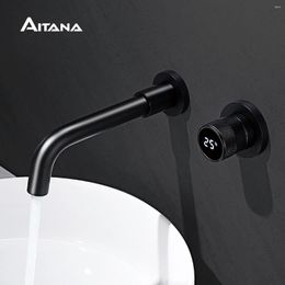 Bathroom Sink Faucets Black Brass Faucet Hidden Intelligent Digital Display Design Single Handle 2 Hole Cold & Dual-control Basin