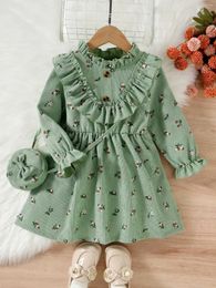 Girl Dresses Autumn And Winter Cute Girls' Corduroy Flower Print Lace Long Sleeve Bag Children's Dress Casual Clothing 4-7Y