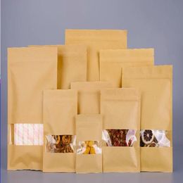 Flat Bottom Kraft Paper Clear Window Zip Lock Packaging Bag Resealable Coffee Powder Gift Storage Pouches Qumuk