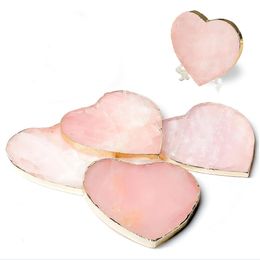 Heart Shape Natural Crystal Slices Golden Plated Rose Quartz Coaster Pink Agate Coasters Gem Cup Mat Geode Decor Wedding Gifts