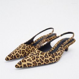 Sandals TRAF 2023 Animal Print Heels For Women Pointed Toe Leopard Heeled Slingback Pumps Woman Retro Ladies Casual Pump Shoes