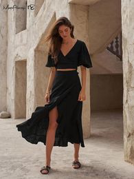 Work Dresses Summer Cotton Skirts Suits 2 Pieces Woman Vacation Outfits Puff Sleeve Crop Tops Long Split Casual Sets 2023