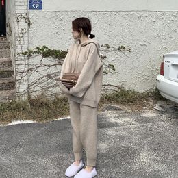 Women's Two Piece Pants 2 Pieces Set Women Oversize Tracksuit Hooded Collar Sweater Pullover Straight Knitted Outwear Suit