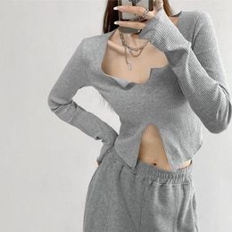 Women's T Shirts Pullover Streetwear 5color Rib Knit Cut Out T-shirt For Women Short Asymmetry Tops Sexy Long Sleeve Slim Tees Female