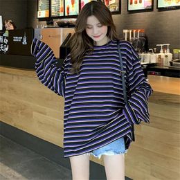 Women's T Shirts Cotton Fibre Mid-length Striped Long Sleeve Retro Round Neck T-shirt Loose