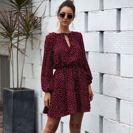Casual Dresses 2023 Autumn Short Party Dress Women Long Sleeve Red Ladies High Waist Lace Up V Neck Polka Dot For