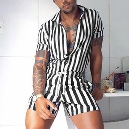 Mens Tracksuits Fashion Men Striped Rompers Short Sleeve Button Shorts Lapel Jumpsuit Drawstring Streetwear Casual Playsuit Hombre 230406