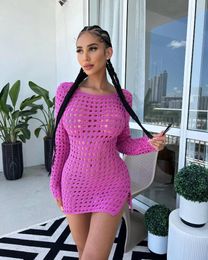 Casual Dresses Summer Beach Evening Sexy Party Women Fashion Long Sleeve Hollow Out Slit Side Backless Bodycon Midi Dress