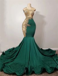 Emerald Green Mermaid African Prom Dress For Black Girl Gold Applique Diamond Crystal Gillter Skirt Evening Formal Gown