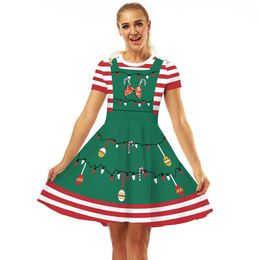 Women Christmas Clothes Xmas Elf Santa Helper Fancy Swing Dress Costume Cosplay Crew Neck Empire Dress156d