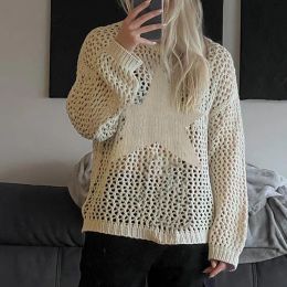 QNPQYX New fashion Distressed Crochet Star Sweater Pullovers Oversized Loose Holes Knitted Jumper Smock Y2k Harajuku Streetwear 90s Sweater
