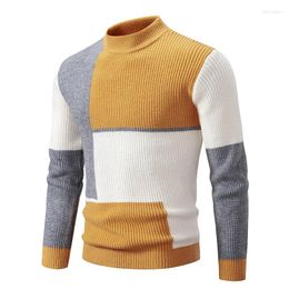 Men's Sweaters Autumn Winter Fashion Y2K Mock Neck Sweater Men Patchwork Casual Knit Pullovers Warm Male High Quality Knitwear Slim Kitted