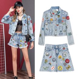 Women's Suits Blazers S 5XL 2 Pcs Women Spring Autumn Denim Embroidery Harajuku Coat Tops Appliques Oversized And Skirts Clothing Sets SY044 231107