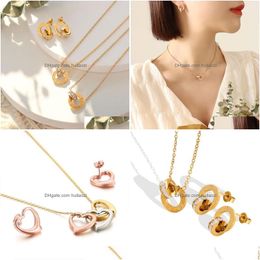 Earrings Necklace Women Stainless 18K Sun Gold Vintage Jewelry Sets Gift Female Enamel Roman Number Wed Jewellery Set Drop Delivery Dhwad