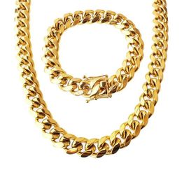 Stainless Steel Jewellery Set 18K Gold Plated High Quality Cuban Link Necklace & Bracelet For Mens Curb Choker Chain 1 5cm 8 5 3217