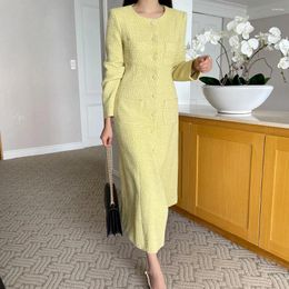 Casual Dresses Elegant Chic Autumn Winter Yellow Tweed Long Dress High Quality Women Round Collar Fours Pockets Woolen Slim Office Maxi