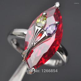 Cluster Rings Red Garnet Multicolor Stone Cubic Zirconia For Women Silver Colour Jewellery Ring Size 6 7 8 9 S093