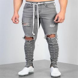 Mens Ripped Ribbon Grey Skinny Jeans Fashion Designer Hi-Street Distressed Denim Joggers Knee Holes Washed Destroyed Slim Fit Pant256B