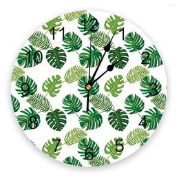 Wall Clocks Tropical Plant Leaves Green White Clock For Home Decoration Living Room Quartz Needle Hanging Watch Modern Kitchen