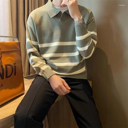Men's Sweaters Autumn Simple Lapel Striped Sweater For Men Casual Vintage Korean Fashion Knitwear Top Y2K Loose Knitted Pullover Jumper