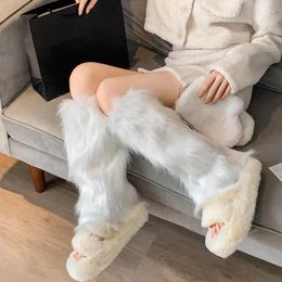 Women Socks Japanese Jk Furry White Faux Fur Warmer Y2K Goth Boot Covers Lady Cute Knee-length Hipster Warm Sock