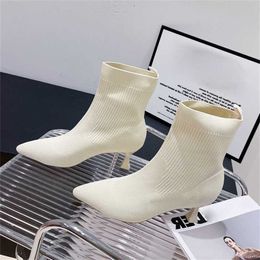 Concise Knitted Stretch Fabric Socks Women Low Heel Short Boots Autumn Winter Pointed Toe Female Sock Ankle Booties 230922