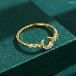 Cluster Rings Sterling Silver S925 Electroplated 14K Gold Inlaid Full Diamond Crescent Moon Ring Female Star Tail