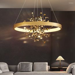 Pendant Lamps Kobuc Modern Gold Stainless Steel Ceiling Chandelier Dining Room Copper Round Ring Lights For Bedroom Cloth Store