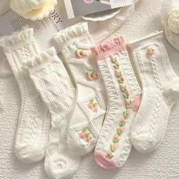 Women Socks 5 Pairs Japanese Cute Harajuku Lolita White Powder JK Girl Cherry Blossom Tube College Students Lace