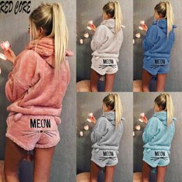 Women's Two Piece Pants REDCORE Hoodies 2 Set Tops Shorts Sleepwear Winter Plus Size Pyjamas Ladies Sets Women Coral Velvet Warm Clothes T