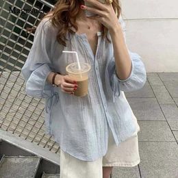 Women's Blouses Moonbiffy 2023 Blouse Summer O-neck Lantern Long Sleeve Chiffon Super Thin Sun Protection Shirt Korean Loose