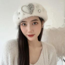 Berets 2023 Winter Fur For Women Glitter Diamonds Heart Painter Hat Lady Warm Beanies Cap