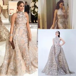 Champagne Sequined Applique Mermaid Overskirts Evening Dresses Yousef Aljasmi Dubai Arabic High Neck Plus Size Prom Party Dresses BA8163