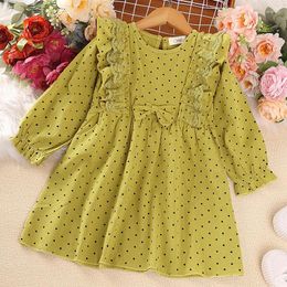 Girl Dresses 2023 Autumn Western Style Polka Dot Lace Long-Sleeved Princess Dress Girls Green Linen