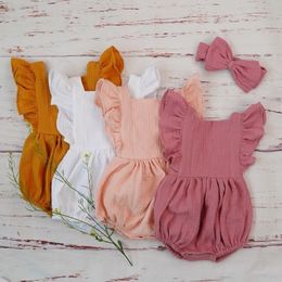 Rompers Organic Cotton Baby Girl Clothes Summer Double Gauze Kids Ruffle Romper Jumpsuit Headband Dusty Pink Playsuit For born 230406