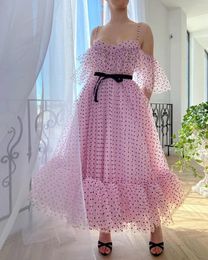 Party Dresses Off Shoulder Pink Prom Dot Tulle Dress A Line Gown Black Belt Evening Plus Size Sweetheart Straps