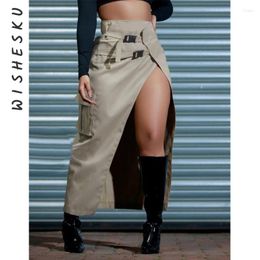 Skirts Streetwear High Slit Midi For Women Casual Belts Pockets Cargo Long Skirt Daily Bottoms Trend Y2K Clothing 2023 Fall